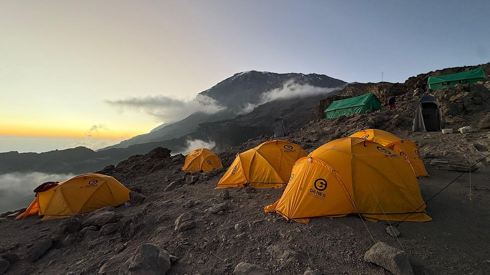 High-quality camping setup by Genes Adventures with overnight tents, dining tent, kitchen tent, and toilet tent during Mount Kilimanjaro climbs.”

Option 2 (more detailed)
High-quality camping gear used by Genes Adventures on Mount Kilimanjaro, including overnight tents, dining tents, kitchen tents, and separate toilet tents.