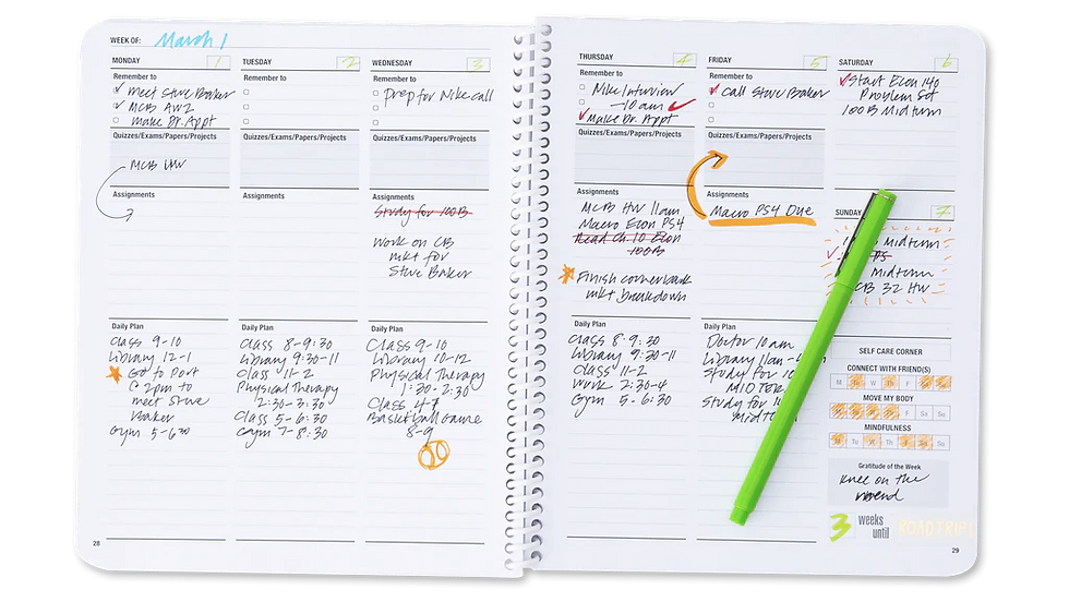 Student using a planner to organize service hours and academics