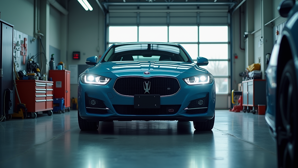 Eye-level view of a car undergoing inspection in a garage