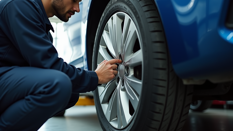 Close-up view of a mechanic checking a car's tire pressure