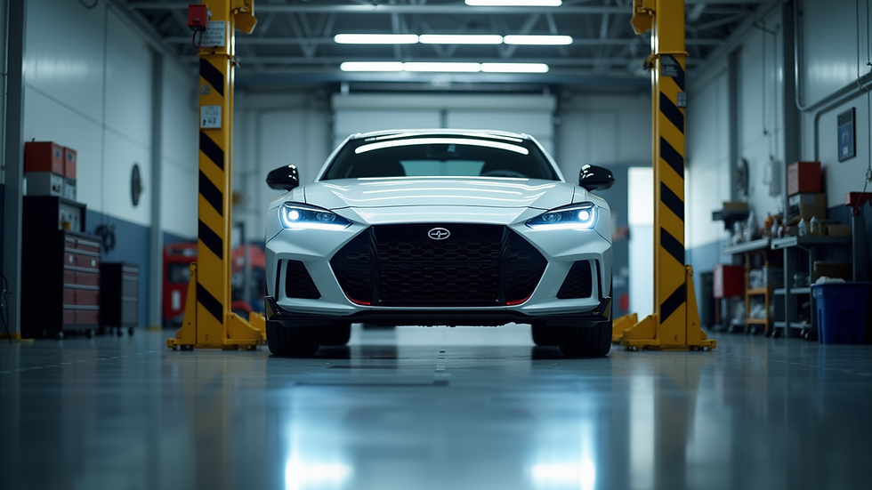 Eye-level view of a car inspection bay with a vehicle on the lift
