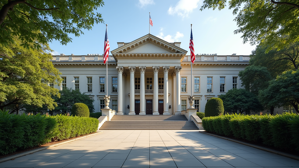 Wide angle view of a US embassy building with flags