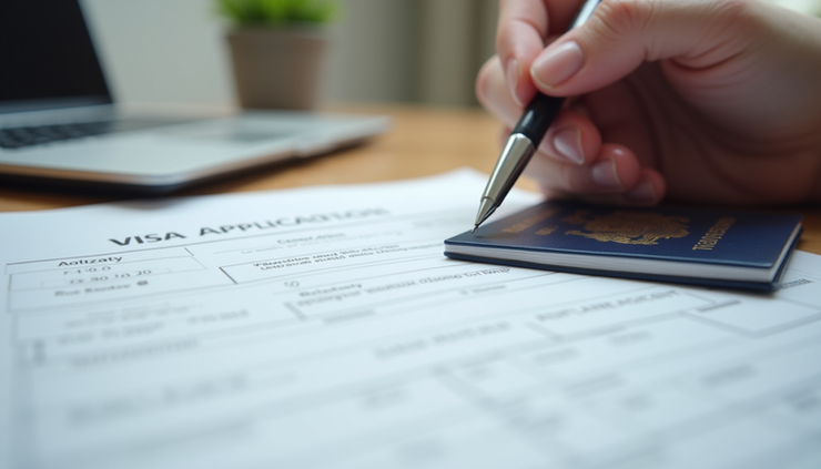 Eye-level view of a study visa application form with a pen and passport on a wooden desk