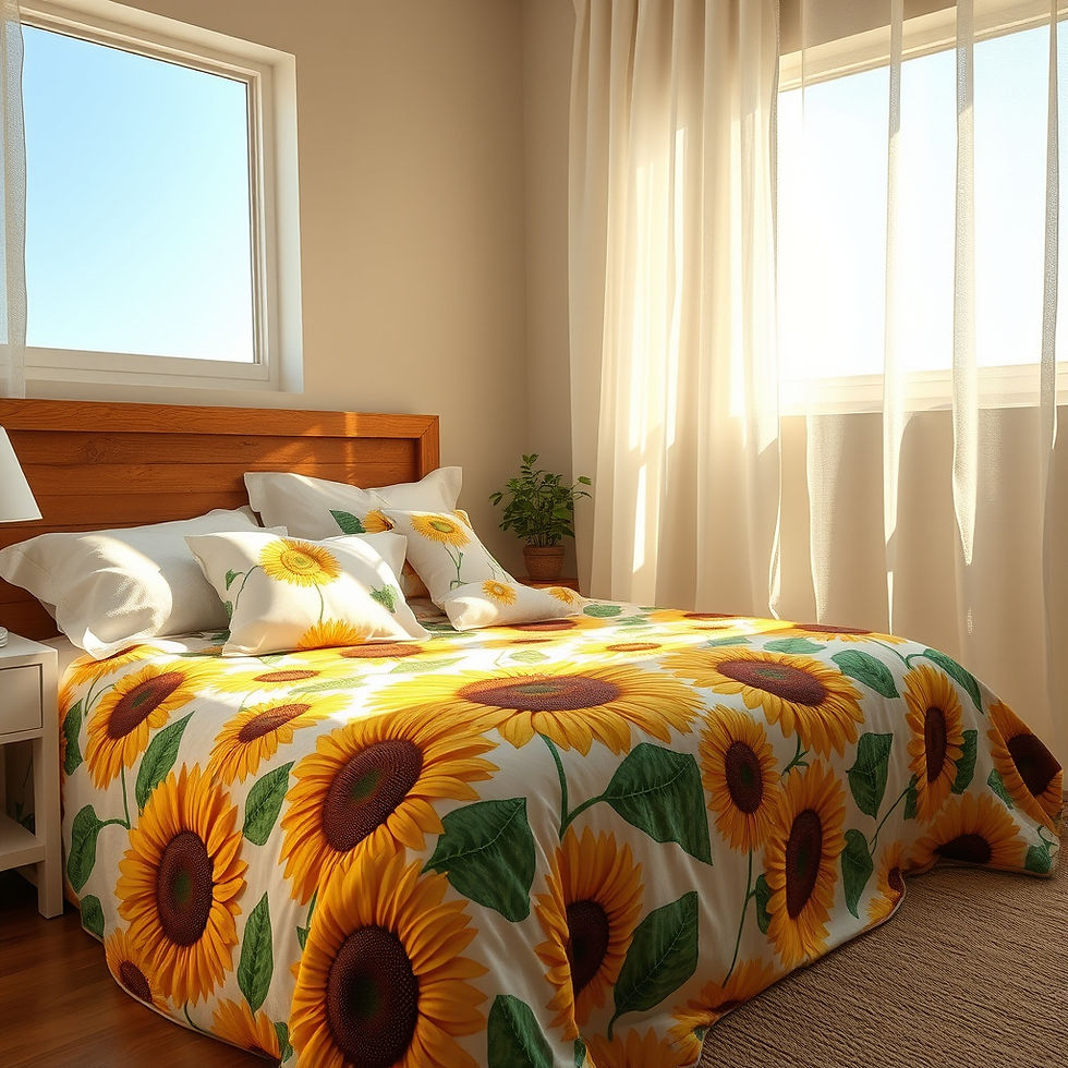 sunflower bedsheet in a beautiful room with light sun rays falling on bedsheet.jpg