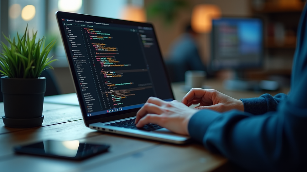 Eye-level view of a developer working on a laptop with code on screen