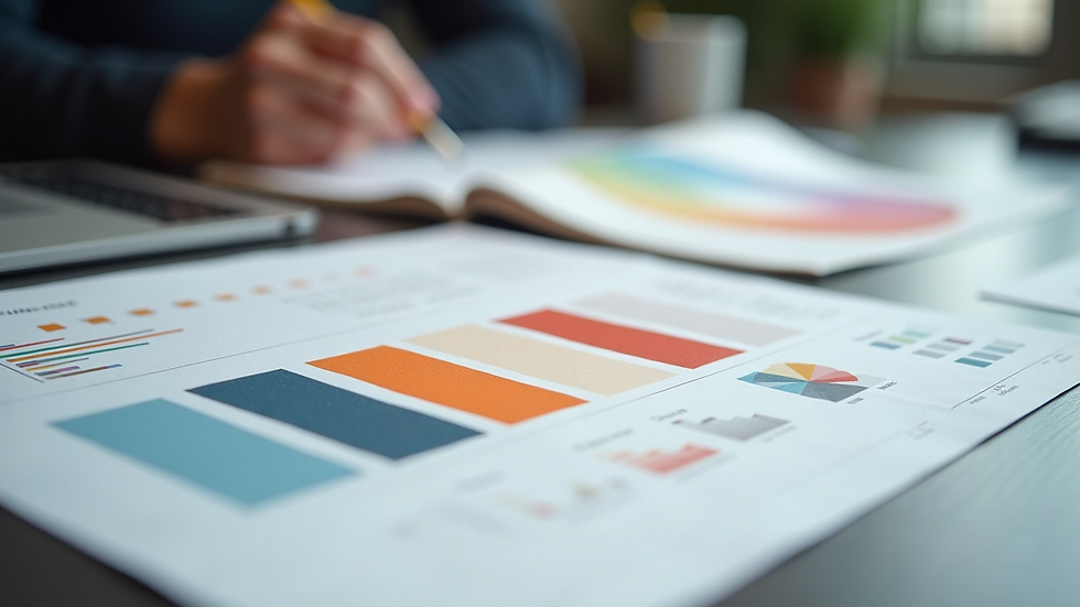 Close-up view of a designer’s desk with color swatches and wireframe sketches for website redesign