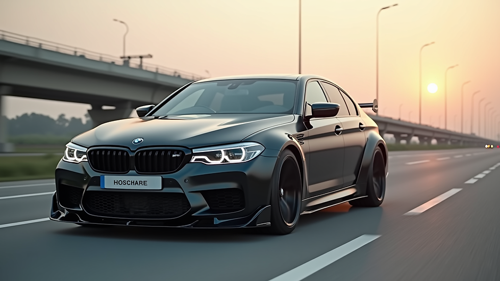 Wide angle view of a BMW parked with a full body kit installed on a highway in Punjab