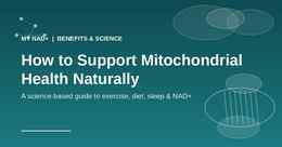 Title card reading 'How to Support Mitochondrial Health Naturally' on a teal gradient background with an abstract mitochondria and molecule motif, from My NAD+'s Benefits & Science series