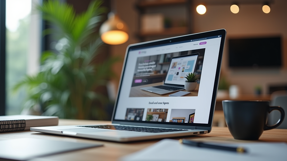 Eye-level view of a modern office workspace with a laptop displaying a website design