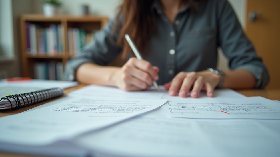 Eye-level view of a student organizing study documents on a desk