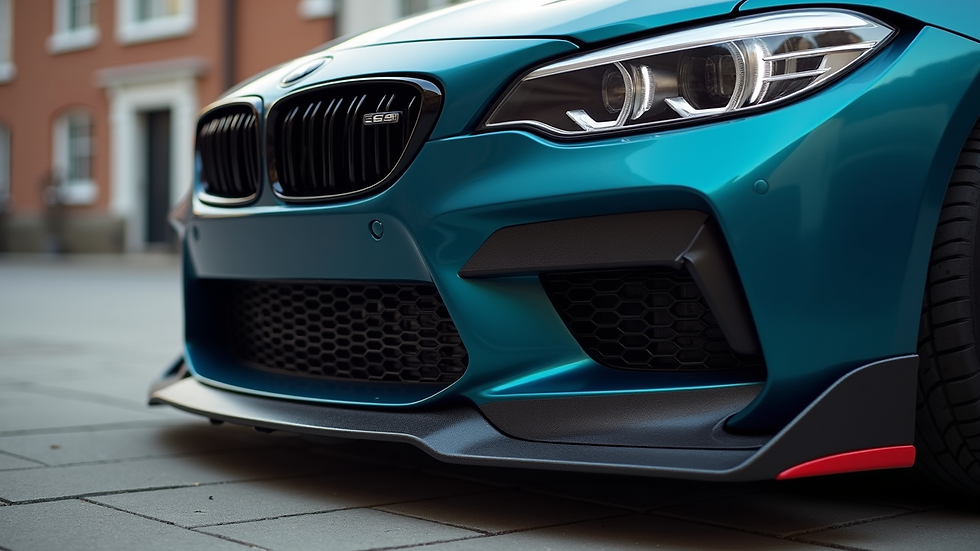 Close-up view of a car’s front bumper with a custom body kit installed