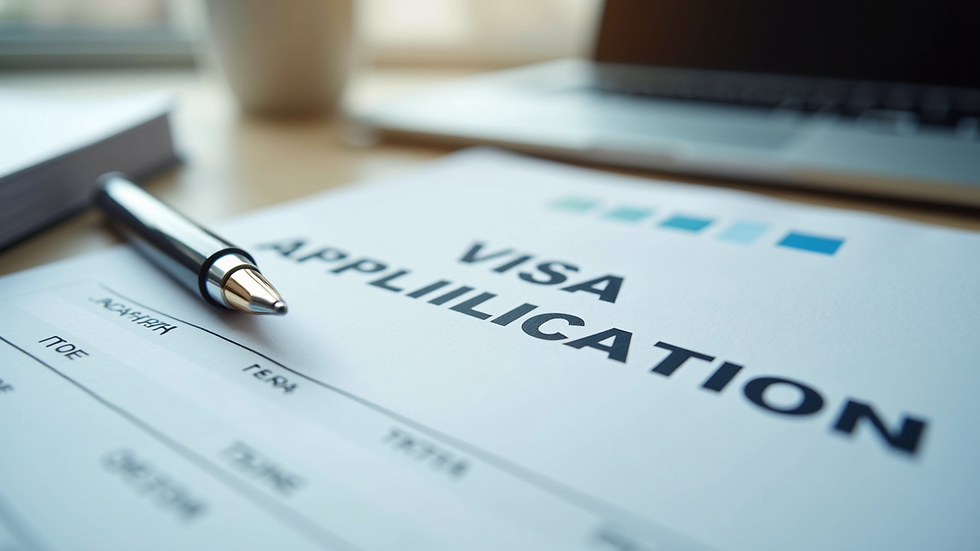 Close-up view of visa application documents and a pen on a desk