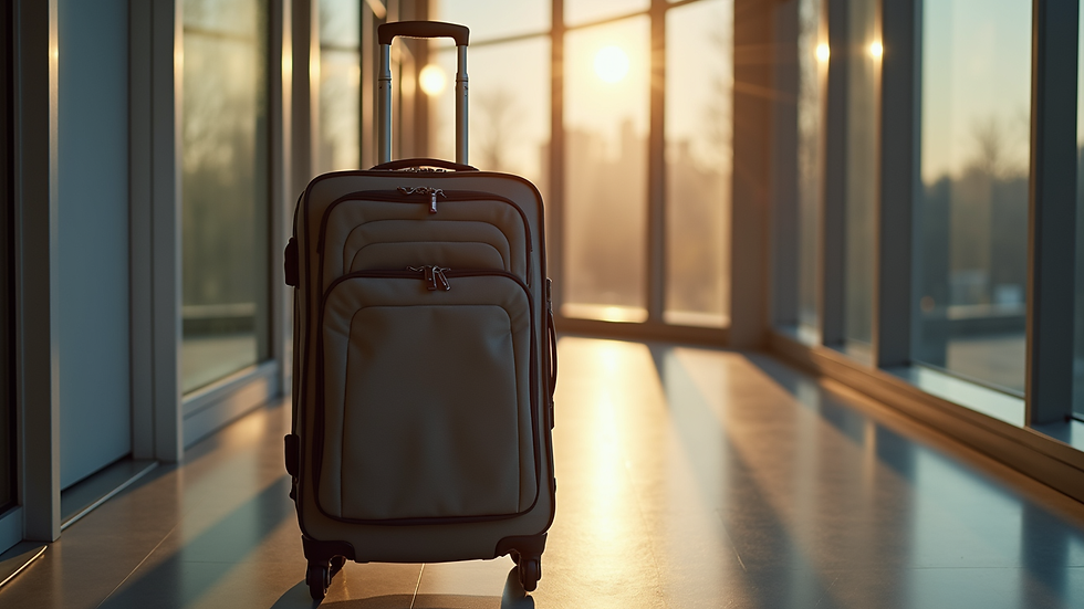 Wide angle view of a packed suitcase ready for international travel