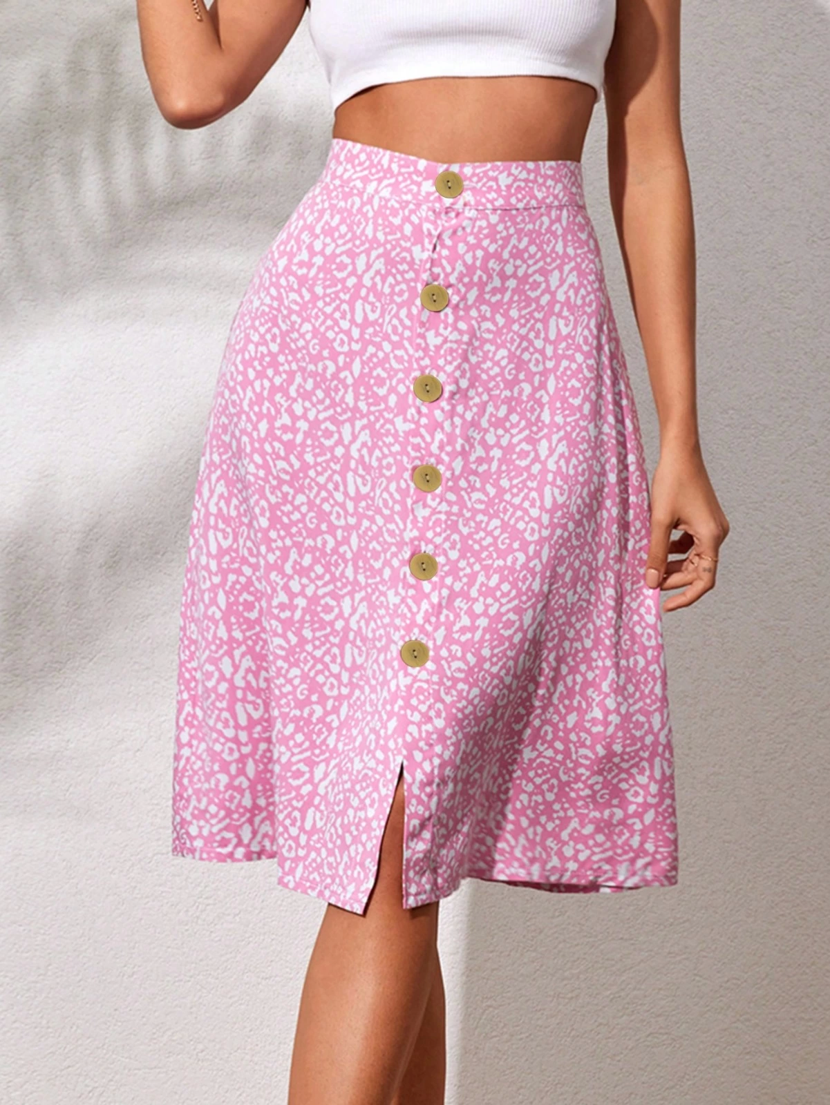 Düğmeli baskılı midi etek