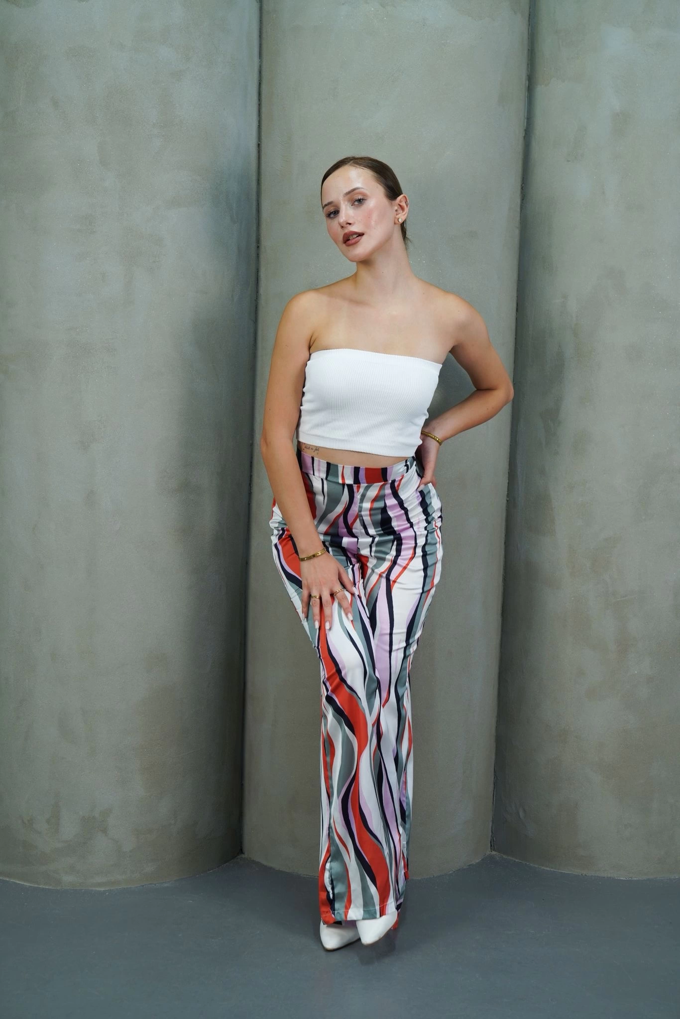 Yüksek bel uzun çok renkli baskılı Palazzo pantolon gri