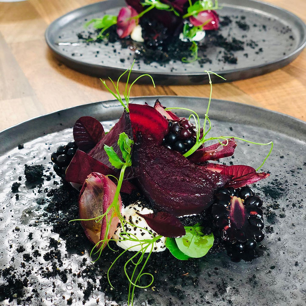 Plated beetroot and blackberry dish by Punk Chef