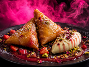 Rhubard & Strawberry Samosa with Vanilla Mascarpone Cream