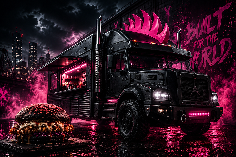Black Parmo food truck with pink mohawk and burger.