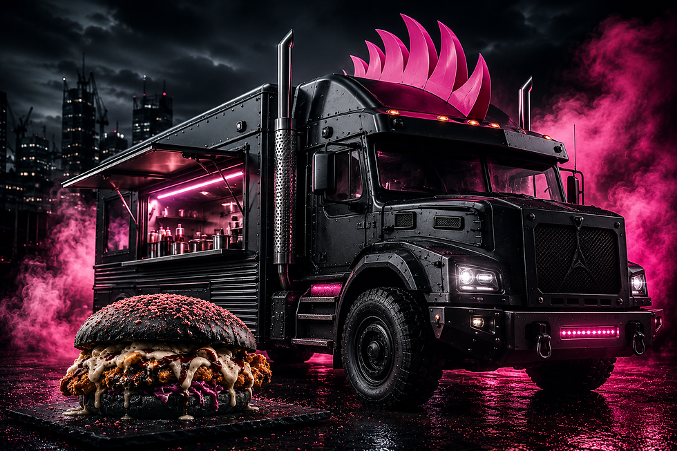 Black Parmo food truck with pink mohawk and dark burger