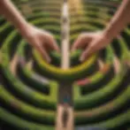 Giant hands guiding people through a lush green maze