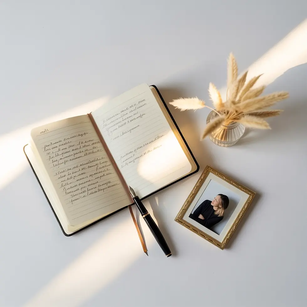 Open journal, pen, photo, and dried flowers
