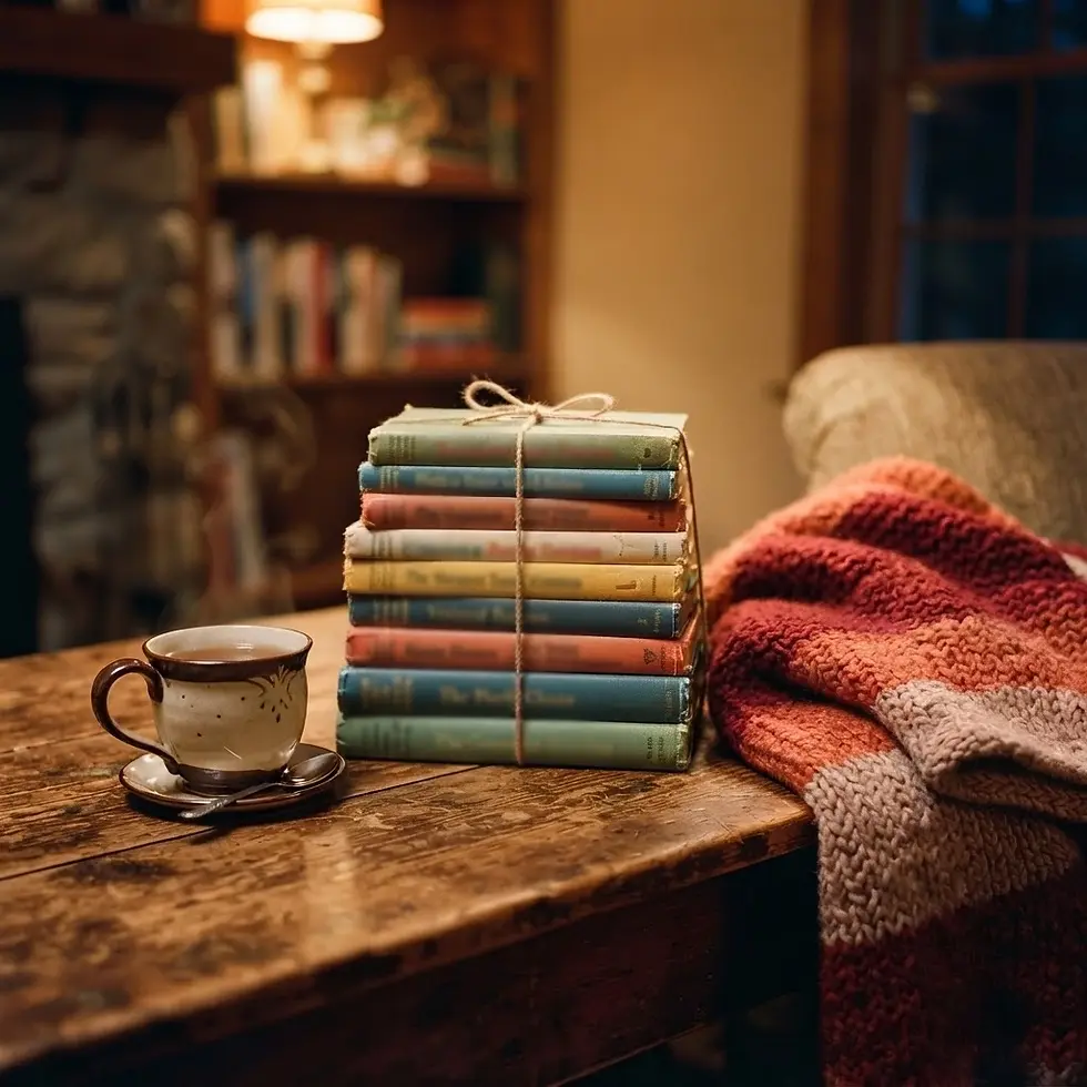 Studio photography of a stack of books tied with twine, placed on a wooden table with a knitted blanket and a cup of tea. Features a cozy, rustic atmosphere perfect for reading.