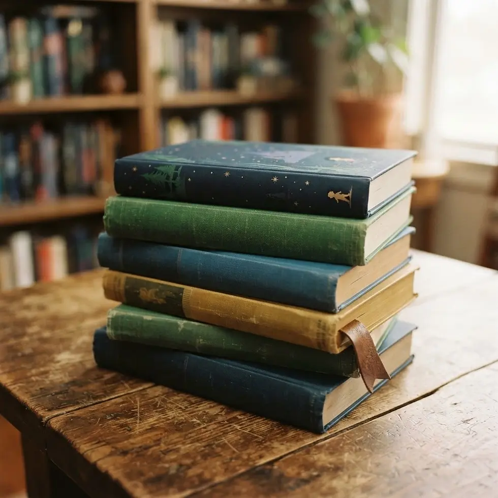 Studio photography of a stack of vintage books on a weathered wooden table. The warm, soft focus creates a cozy and scholarly library atmosphere.