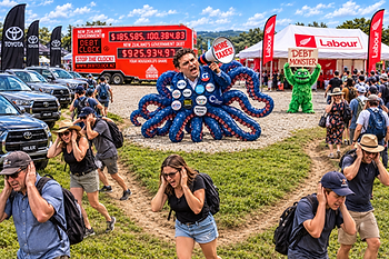At Hawke's Bay's A&P Show, Jordan Williams planted his 'Debt Clock' next to the Labour Party tent, while the 'Debt Monster' trolled Labour MPs.