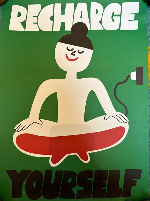 Cartoon yogi meditating with text saying, RECHARGE YOURSELF, green background.