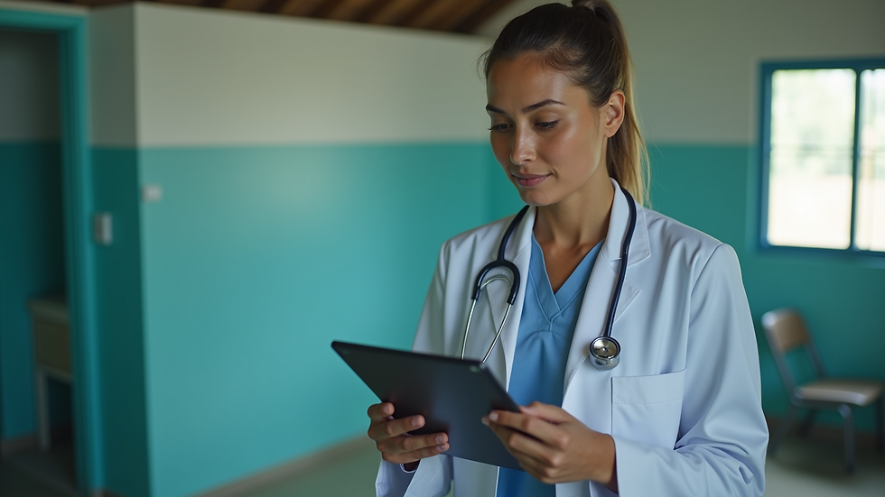 Close-up view of a healthcare provider using a tablet in a rural clinic