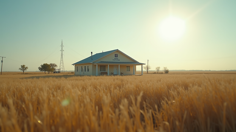 Eye-level view of a rural clinic building surrounded by open fields