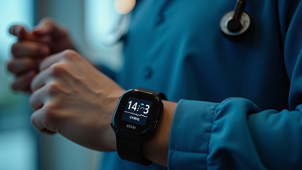 Close-up view of AI-powered wearable health device displaying vital signs