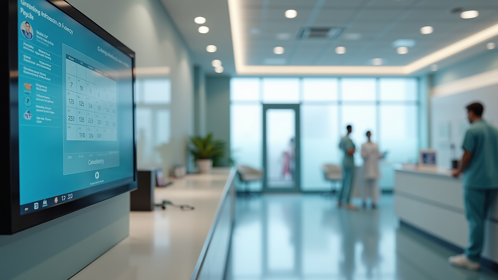 Eye-level view of a clinic reception area with automated scheduling system