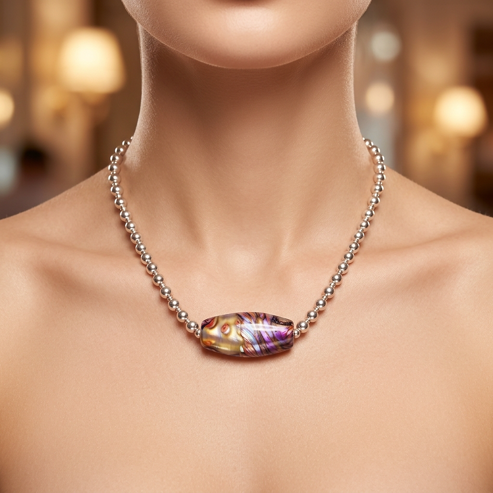 Silver and lampwork glass bead necklace on a woman