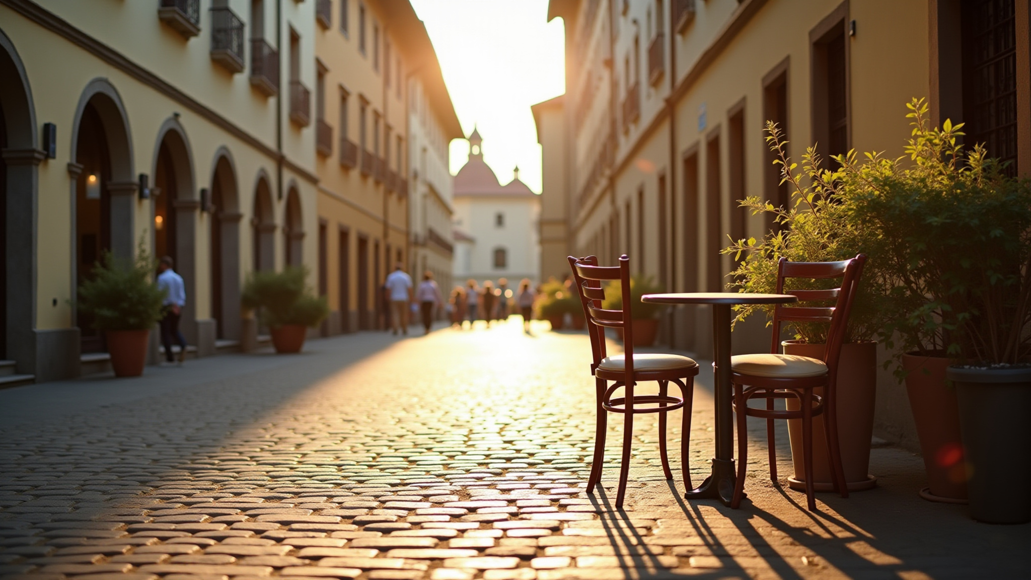 Travelers strolling along a charming cobblestone street