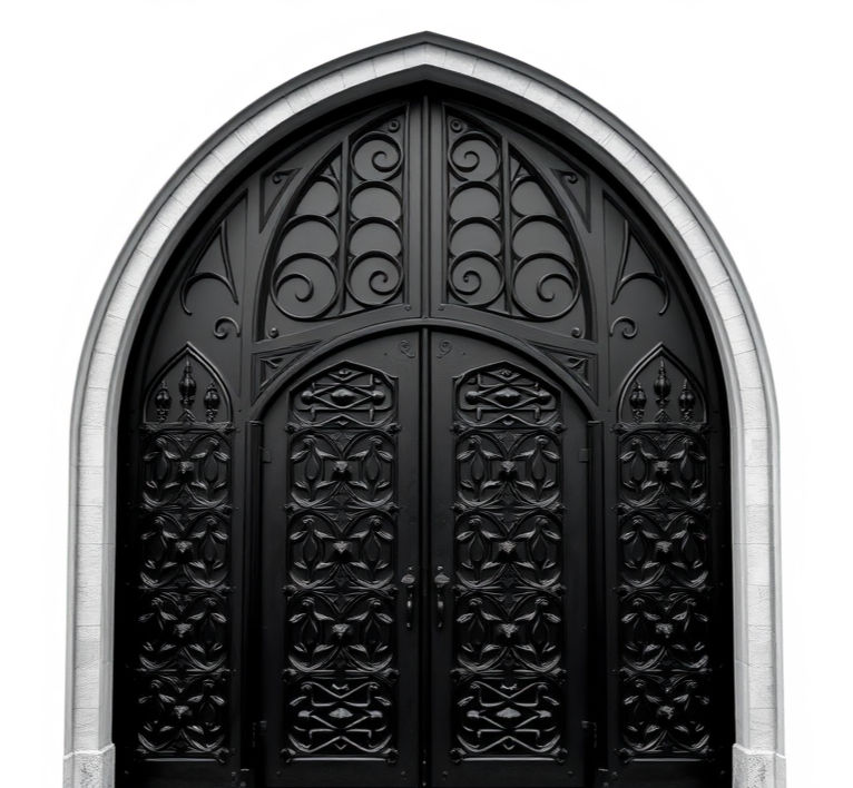 black moat doors with segmental arch and pointed top. classy looking. monochromatic. intr