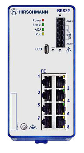 Hirschmann Bobcat BRS22 Series Industrial Power Over Ethernet (PoE) Switch, 8 x 10/100Base-TX Copper RJ45 PoE Ports, DIN-Rail