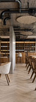 Rendu 3D d’un bar à vin espagnol dans un local industriel au Luxembourg, plafond brut et ambiance chaleureuse