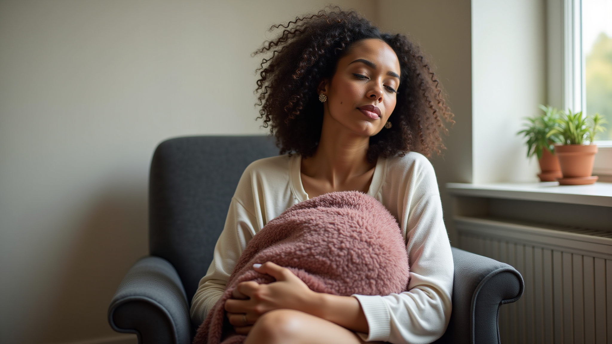 Grieving mother alone sitting in a chair clutching a blanket.