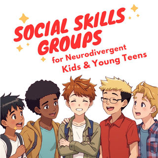 Illustrated group of diverse neurodivergent children representing the youth social skills group at Kaizen Counseling.
