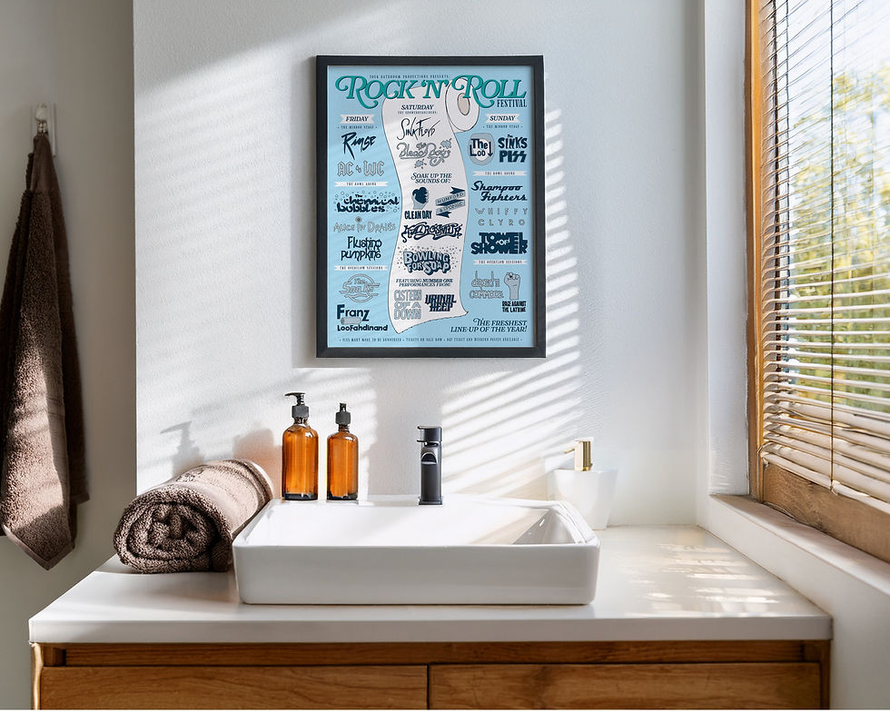 Rock ’n’ Roll Bathroom Music Festival Poster, Funny Toilet Roll Wall Art