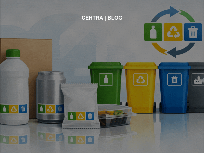 Illustration d’emballages courants associés à des pictogrammes de tri et à des bacs de recyclage colorés, représentant un système harmonisé de tri des déchets d’emballages à l’échelle de l’Union européenne.