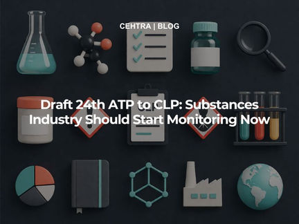 Modern 3D illustration of CLP regulation showing hazard pictograms, chemical substances, and compliance elements related to the draft 24th ATP.