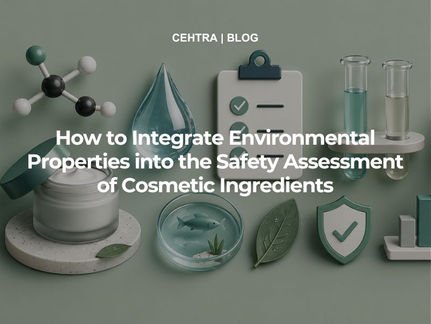 3D illustration of laboratory glassware, a cosmetic jar, a water droplet, aquatic life and safety symbols representing the environmental assessment of cosmetic ingredients.