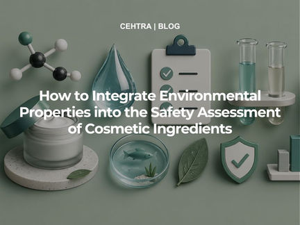 3D illustration of laboratory glassware, a cosmetic jar, a water droplet, aquatic life and safety symbols representing the environmental assessment of cosmetic ingredients.