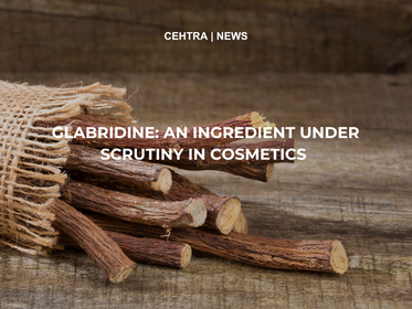 Bâtons de réglisse posés sur une surface en bois, partiellement sortis d’un sac en toile, avec un titre en surimpression indiquant « Glabridine: an ingredient under scrutiny in cosmetics ».
