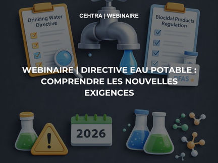 Illustration 3D représentant la réglementation européenne sur l’eau potable et les biocides, avec des icônes de robinet, documents réglementaires, liste PFAS, symbole de danger, flacons chimiques, molécules et un calendrier 2026 disposés sur trois lignes sur fond sombre.