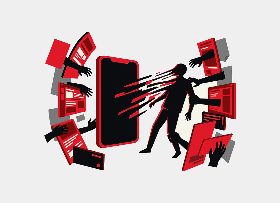 Illustration of a person being pulled apart by hands from red app windows around a smartphone on a white background, showing digital overload.