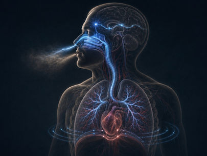 Graphic of human torso and lungs with air moving in and out