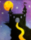 A silhouette of a castle on a deep purple sky, with a large orange moon on the top left.